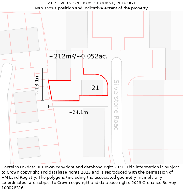 21, SILVERSTONE ROAD, BOURNE, PE10 9GT: Plot and title map