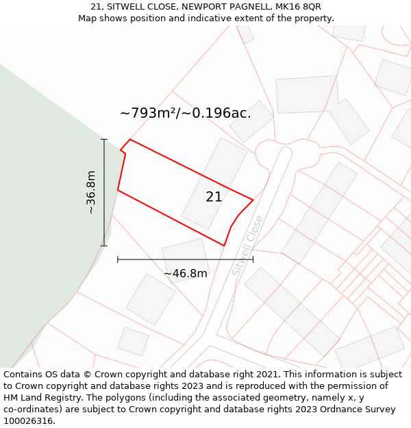 21, SITWELL CLOSE, NEWPORT PAGNELL, MK16 8QR: Plot and title map