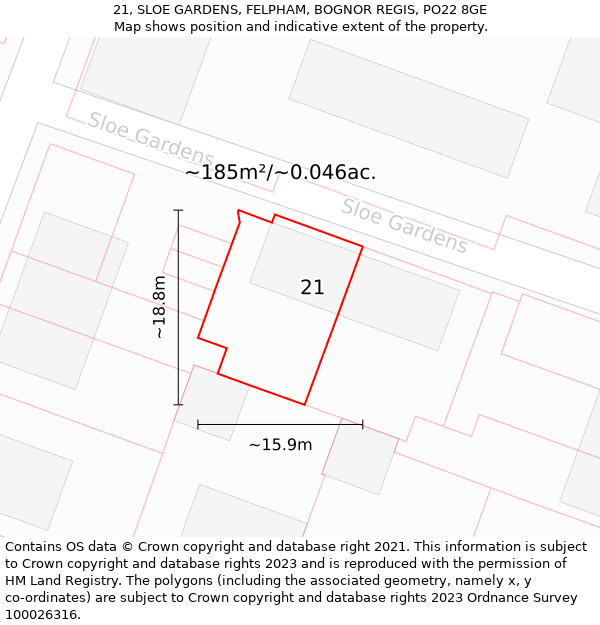 21, SLOE GARDENS, FELPHAM, BOGNOR REGIS, PO22 8GE: Plot and title map