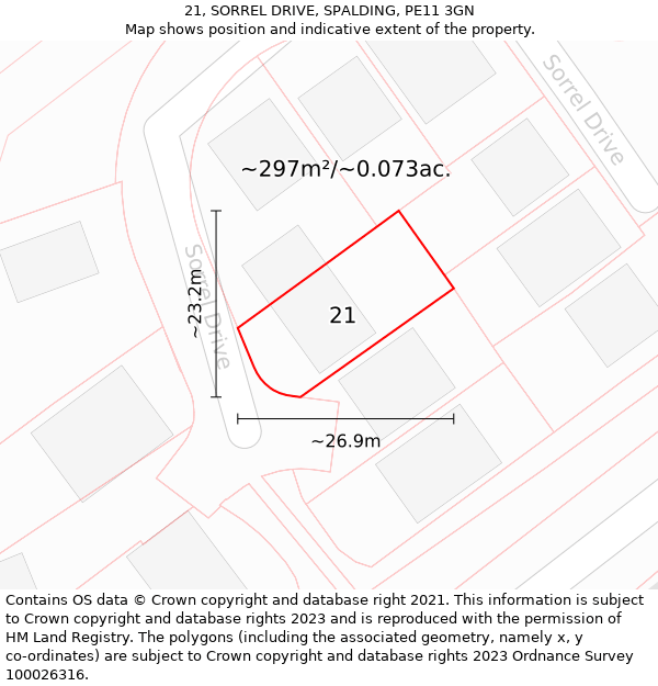 21, SORREL DRIVE, SPALDING, PE11 3GN: Plot and title map