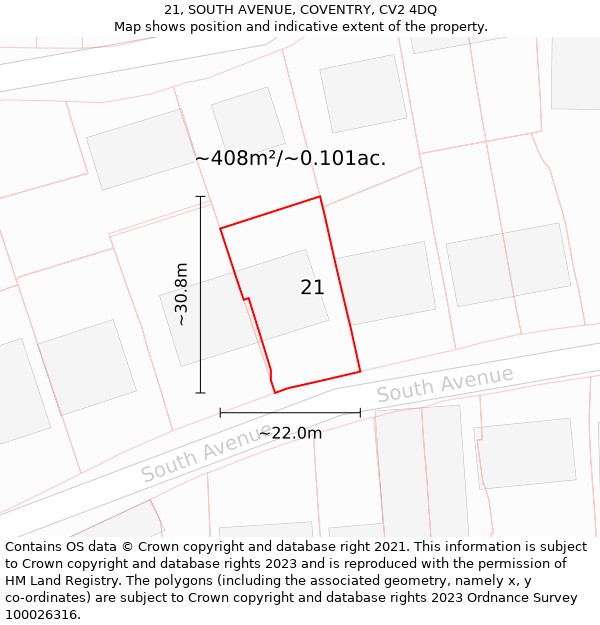 21, SOUTH AVENUE, COVENTRY, CV2 4DQ: Plot and title map