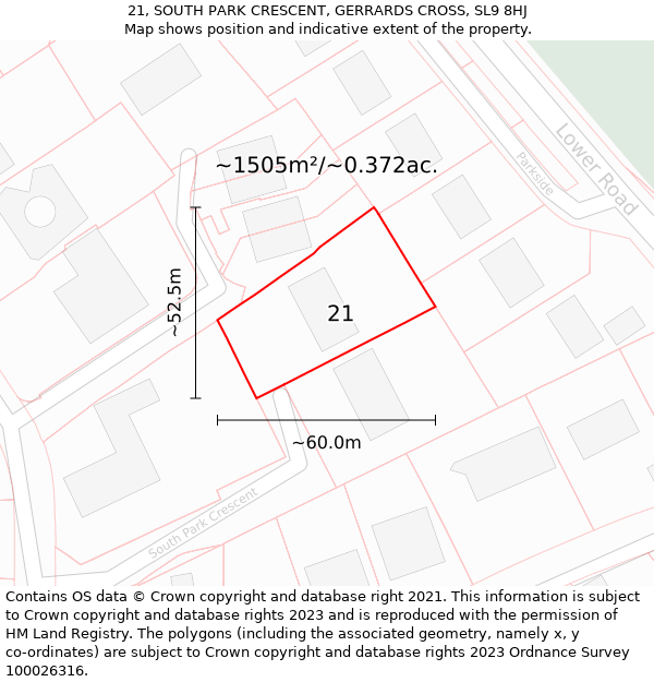 21, SOUTH PARK CRESCENT, GERRARDS CROSS, SL9 8HJ: Plot and title map