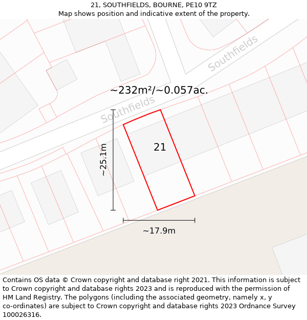 21, SOUTHFIELDS, BOURNE, PE10 9TZ: Plot and title map