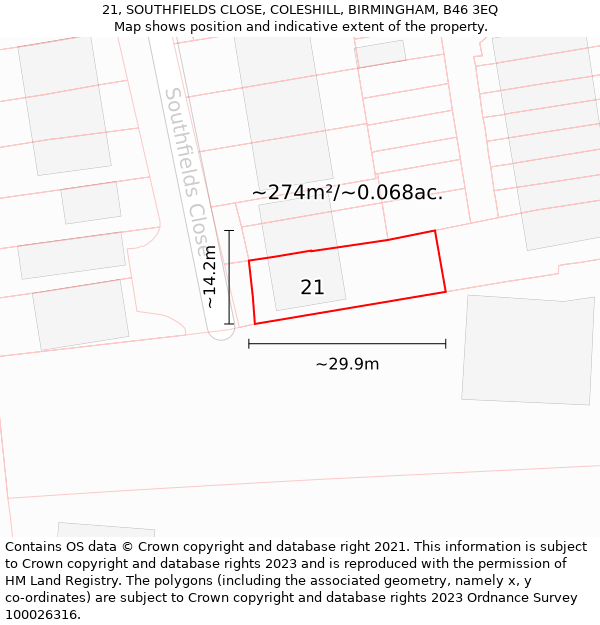 21, SOUTHFIELDS CLOSE, COLESHILL, BIRMINGHAM, B46 3EQ: Plot and title map