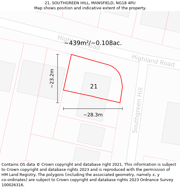 21, SOUTHGREEN HILL, MANSFIELD, NG18 4PU: Plot and title map