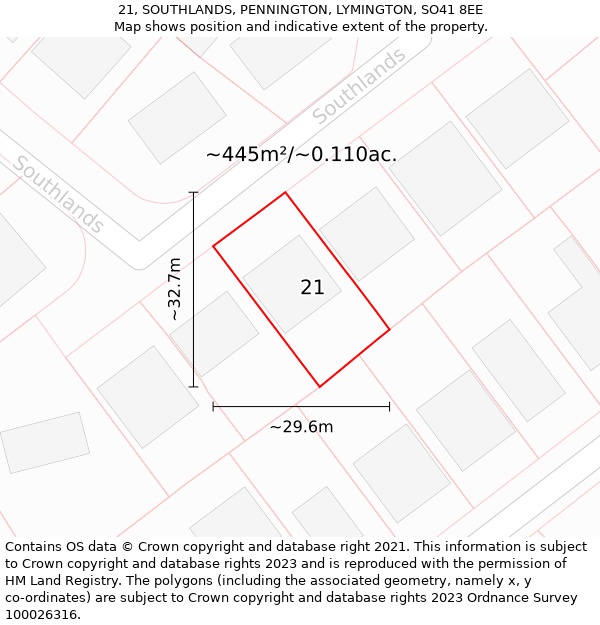 21, SOUTHLANDS, PENNINGTON, LYMINGTON, SO41 8EE: Plot and title map