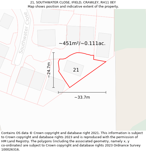 21, SOUTHWATER CLOSE, IFIELD, CRAWLEY, RH11 0EY: Plot and title map