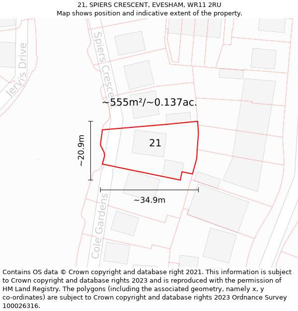 21, SPIERS CRESCENT, EVESHAM, WR11 2RU: Plot and title map