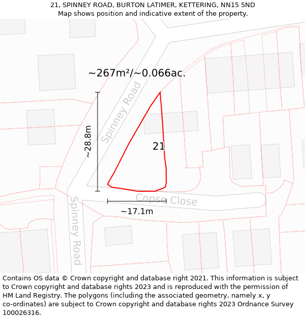 21, SPINNEY ROAD, BURTON LATIMER, KETTERING, NN15 5ND: Plot and title map