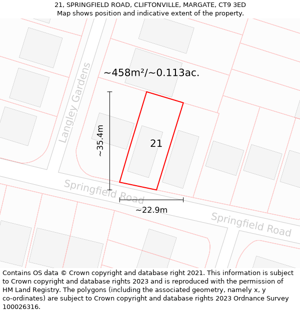 21, SPRINGFIELD ROAD, CLIFTONVILLE, MARGATE, CT9 3ED: Plot and title map