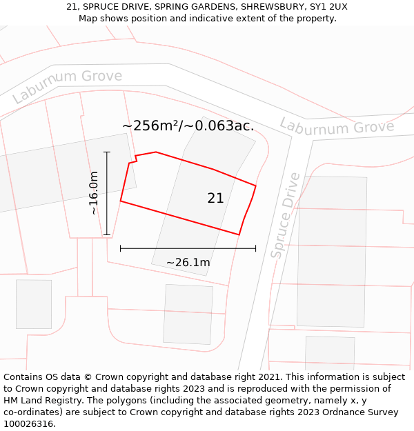 21, SPRUCE DRIVE, SPRING GARDENS, SHREWSBURY, SY1 2UX: Plot and title map