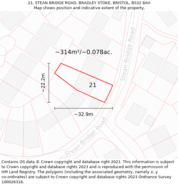 21, STEAN BRIDGE ROAD, BRADLEY STOKE, BRISTOL, BS32 8AH: Plot and title map