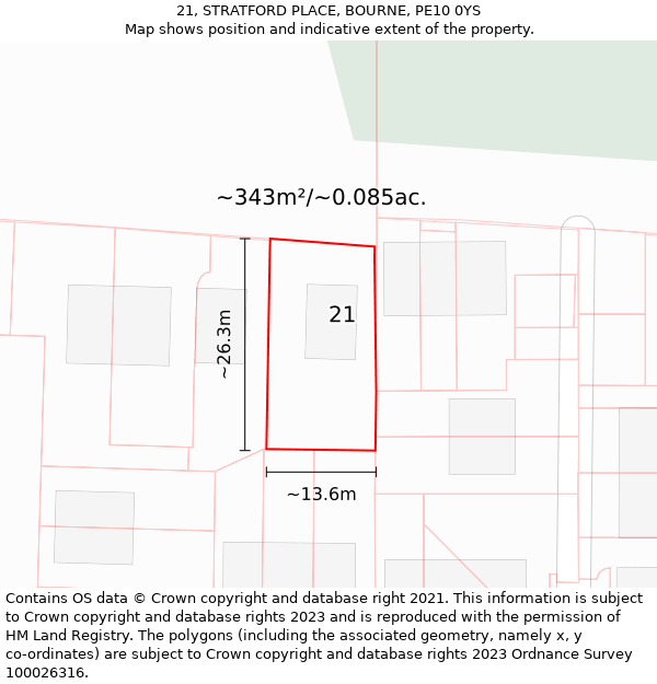 21, STRATFORD PLACE, BOURNE, PE10 0YS: Plot and title map