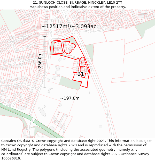 21, SUNLOCH CLOSE, BURBAGE, HINCKLEY, LE10 2TT: Plot and title map