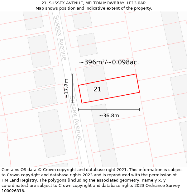 21, SUSSEX AVENUE, MELTON MOWBRAY, LE13 0AP: Plot and title map