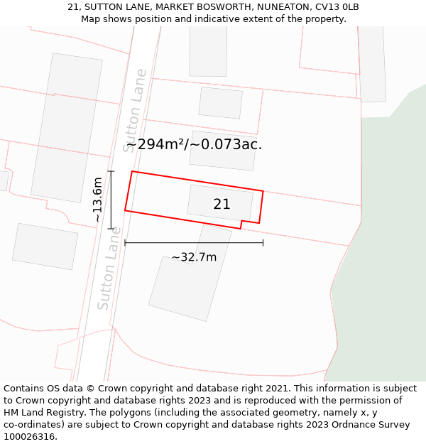 21, SUTTON LANE, MARKET BOSWORTH, NUNEATON, CV13 0LB: Plot and title map