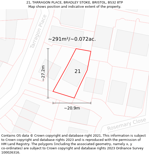 21, TARRAGON PLACE, BRADLEY STOKE, BRISTOL, BS32 8TP: Plot and title map