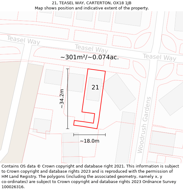 21, TEASEL WAY, CARTERTON, OX18 1JB: Plot and title map