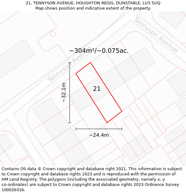 21, TENNYSON AVENUE, HOUGHTON REGIS, DUNSTABLE, LU5 5UQ: Plot and title map