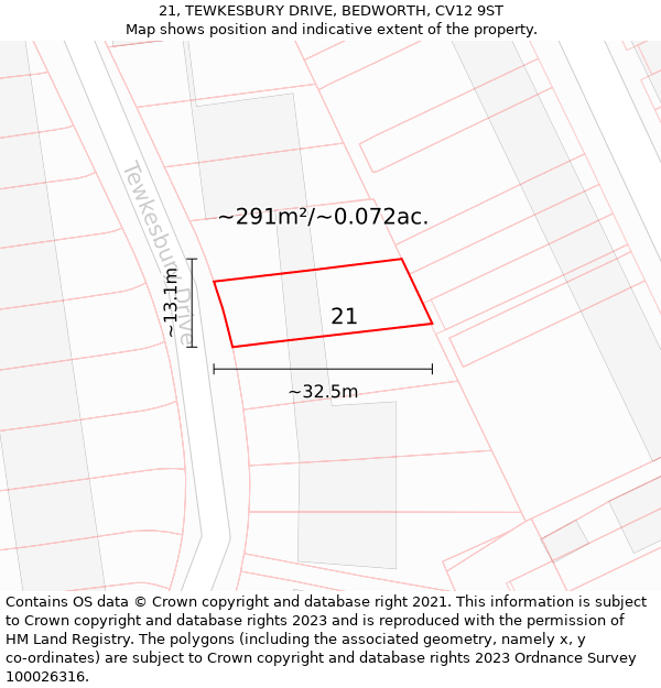 21, TEWKESBURY DRIVE, BEDWORTH, CV12 9ST: Plot and title map