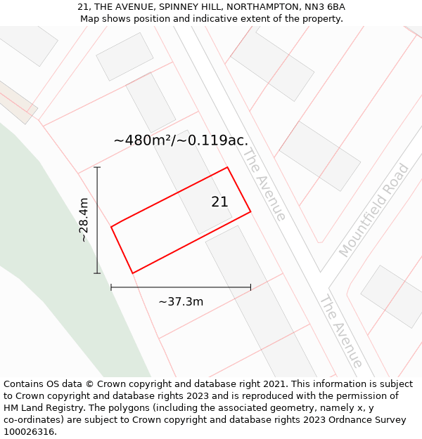 21, THE AVENUE, SPINNEY HILL, NORTHAMPTON, NN3 6BA: Plot and title map