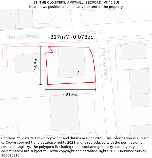 21, THE CLOISTERS, AMPTHILL, BEDFORD, MK45 2UJ: Plot and title map