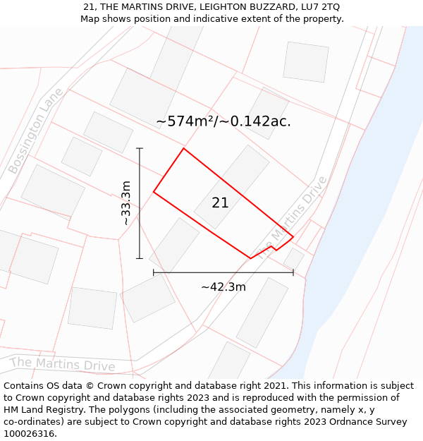 21, THE MARTINS DRIVE, LEIGHTON BUZZARD, LU7 2TQ: Plot and title map