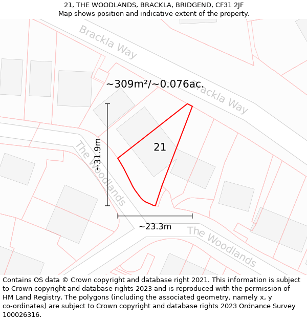 21, THE WOODLANDS, BRACKLA, BRIDGEND, CF31 2JF: Plot and title map