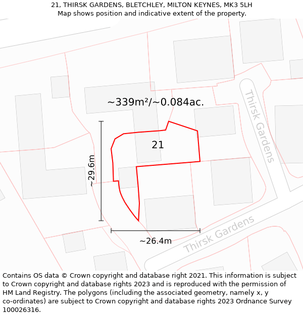 21, THIRSK GARDENS, BLETCHLEY, MILTON KEYNES, MK3 5LH: Plot and title map