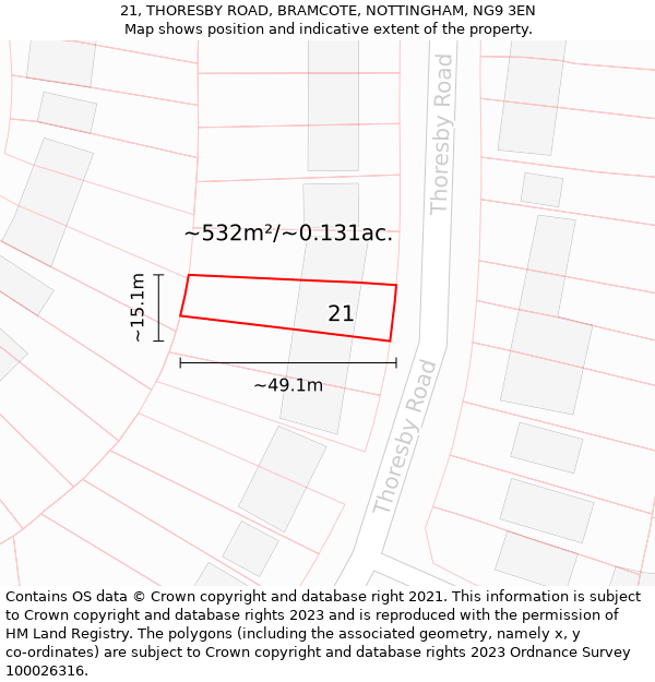 21, THORESBY ROAD, BRAMCOTE, NOTTINGHAM, NG9 3EN: Plot and title map