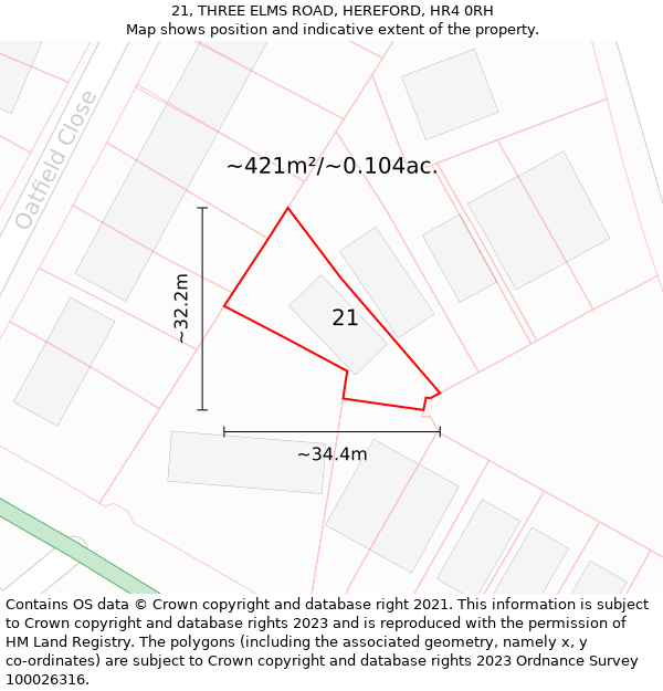 21, THREE ELMS ROAD, HEREFORD, HR4 0RH: Plot and title map