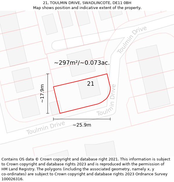 21, TOULMIN DRIVE, SWADLINCOTE, DE11 0BH: Plot and title map