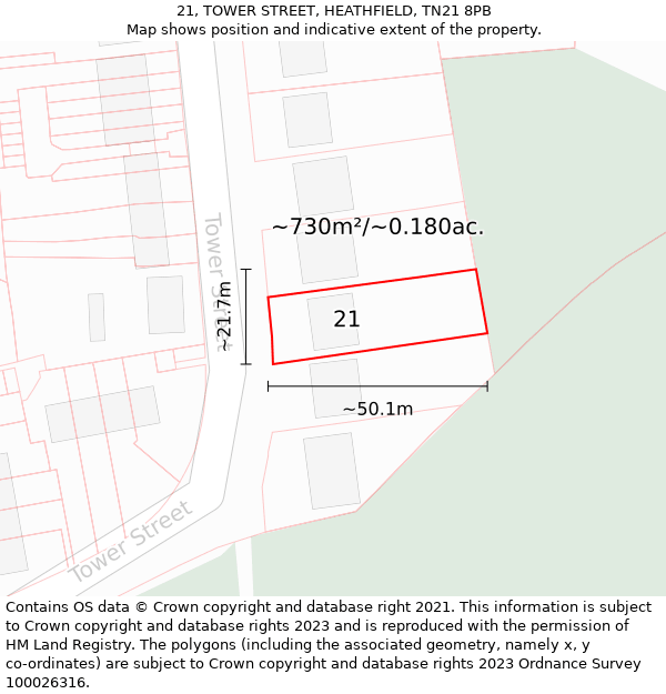 21, TOWER STREET, HEATHFIELD, TN21 8PB: Plot and title map