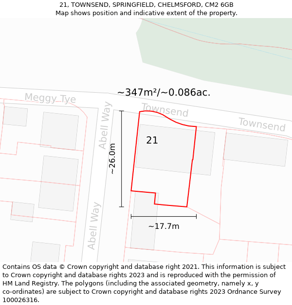 21, TOWNSEND, SPRINGFIELD, CHELMSFORD, CM2 6GB: Plot and title map