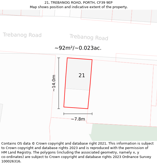 21, TREBANOG ROAD, PORTH, CF39 9EP: Plot and title map