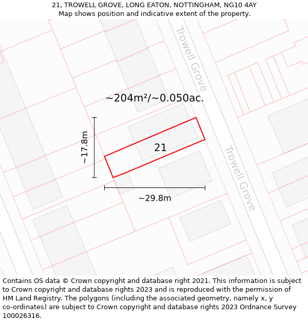 21, TROWELL GROVE, LONG EATON, NOTTINGHAM, NG10 4AY: Plot and title map