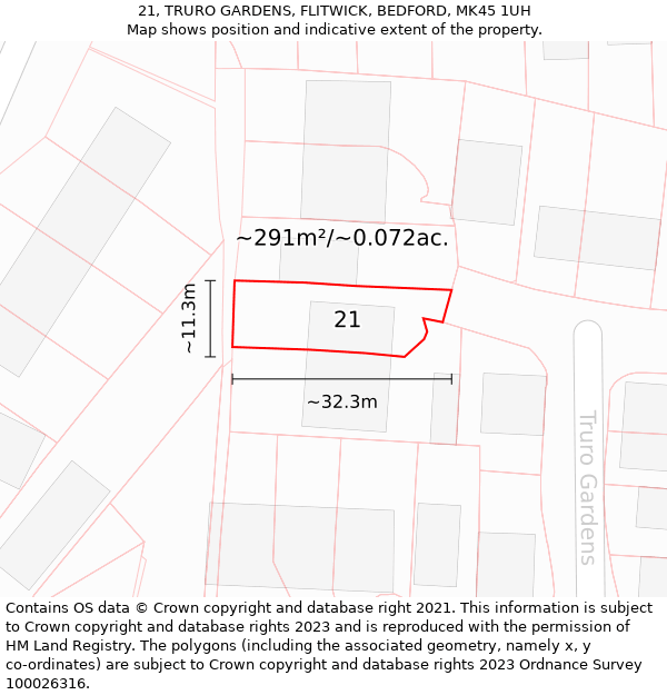 21, TRURO GARDENS, FLITWICK, BEDFORD, MK45 1UH: Plot and title map