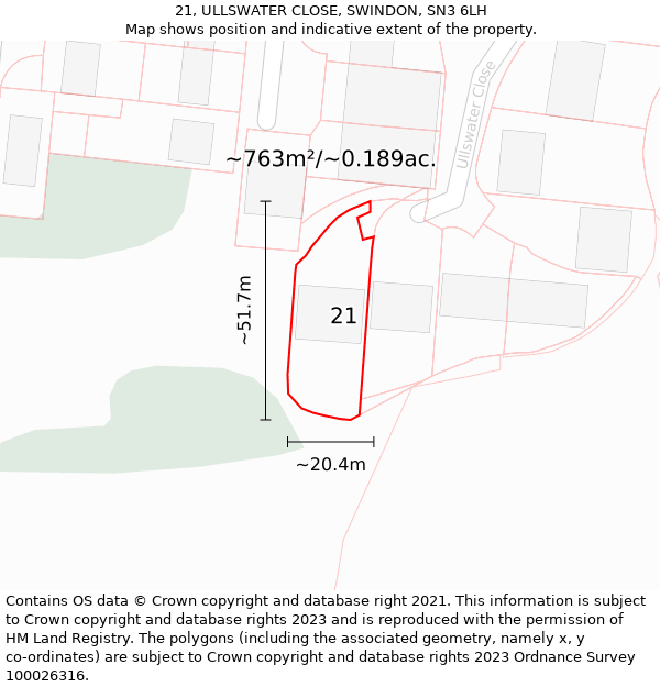 21, ULLSWATER CLOSE, SWINDON, SN3 6LH: Plot and title map