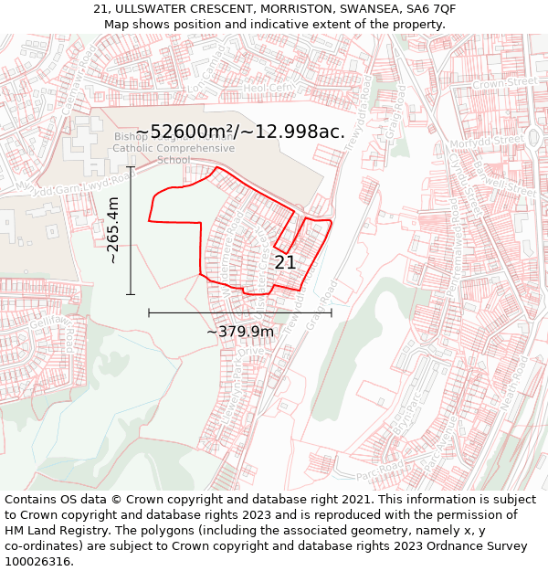 21, ULLSWATER CRESCENT, MORRISTON, SWANSEA, SA6 7QF: Plot and title map