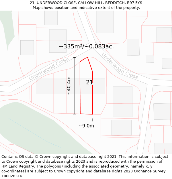 21, UNDERWOOD CLOSE, CALLOW HILL, REDDITCH, B97 5YS: Plot and title map