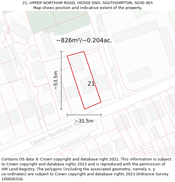 21, UPPER NORTHAM ROAD, HEDGE END, SOUTHAMPTON, SO30 4EA: Plot and title map