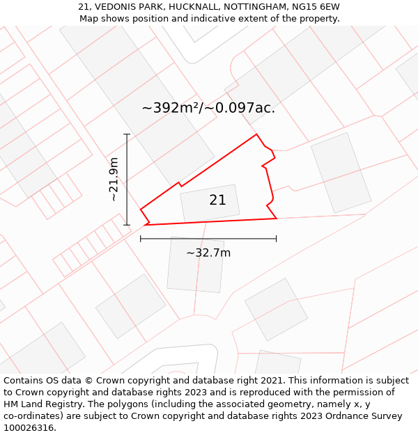 21, VEDONIS PARK, HUCKNALL, NOTTINGHAM, NG15 6EW: Plot and title map