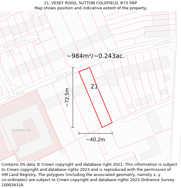 21, VESEY ROAD, SUTTON COLDFIELD, B73 5NP: Plot and title map