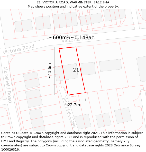 21, VICTORIA ROAD, WARMINSTER, BA12 8HA: Plot and title map