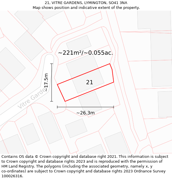 21, VITRE GARDENS, LYMINGTON, SO41 3NA: Plot and title map