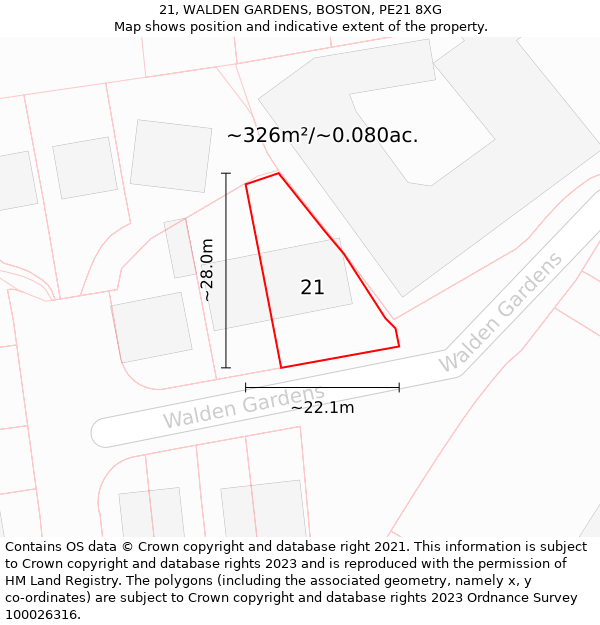 21, WALDEN GARDENS, BOSTON, PE21 8XG: Plot and title map