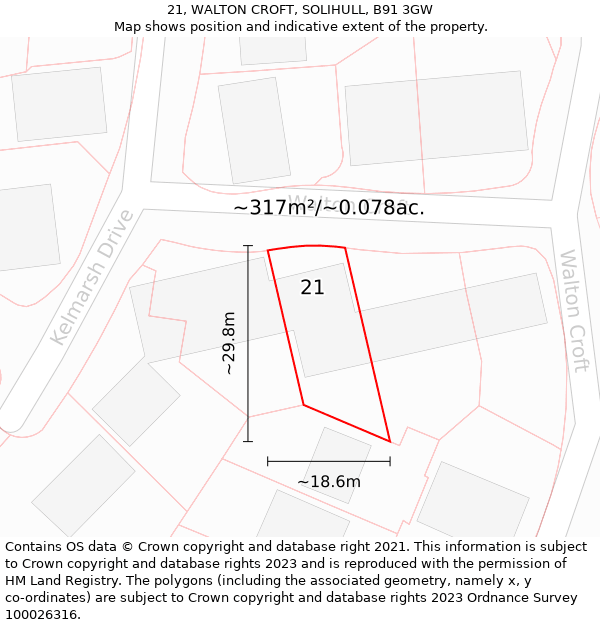 21, WALTON CROFT, SOLIHULL, B91 3GW: Plot and title map