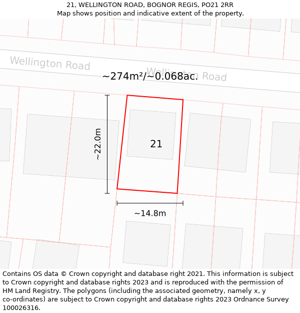 21, WELLINGTON ROAD, BOGNOR REGIS, PO21 2RR: Plot and title map