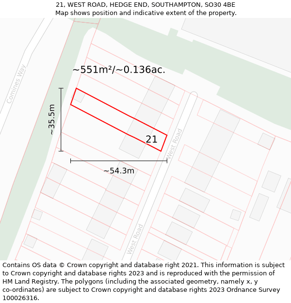 21, WEST ROAD, HEDGE END, SOUTHAMPTON, SO30 4BE: Plot and title map