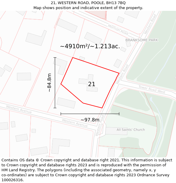21, WESTERN ROAD, POOLE, BH13 7BQ: Plot and title map
